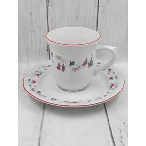 White Christmas 4 Cups & Saucers Farberware Barn Kids Skating Sleighride Snowman